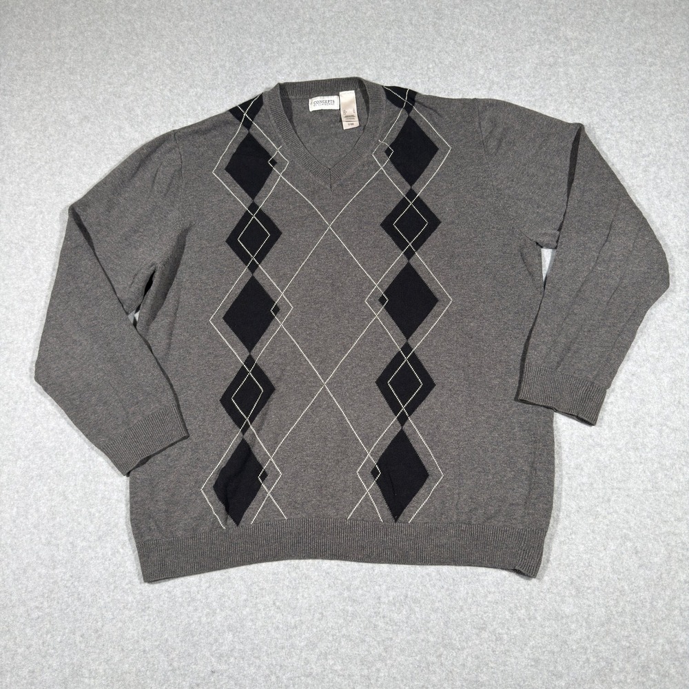Concepts by Claiborne Mens Argyle V-Neck Sweater Grey Black Cotton L Preppy
